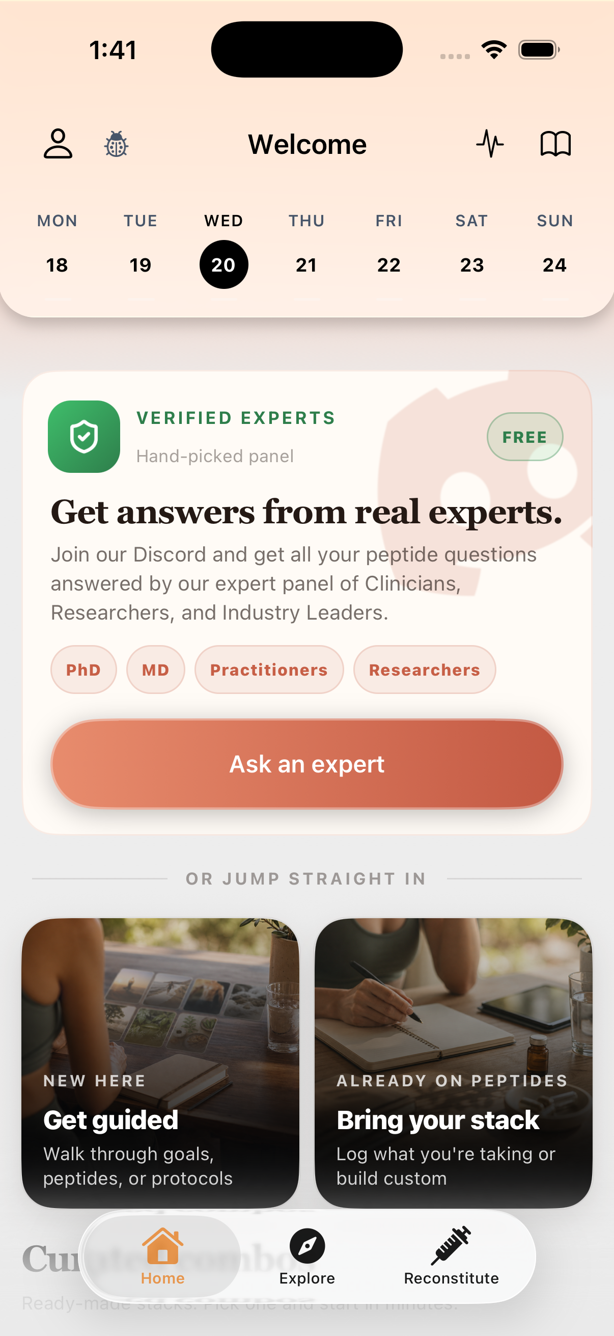 The Peptide App mobile home screen with calendar, expert guidance, and protocol entry points