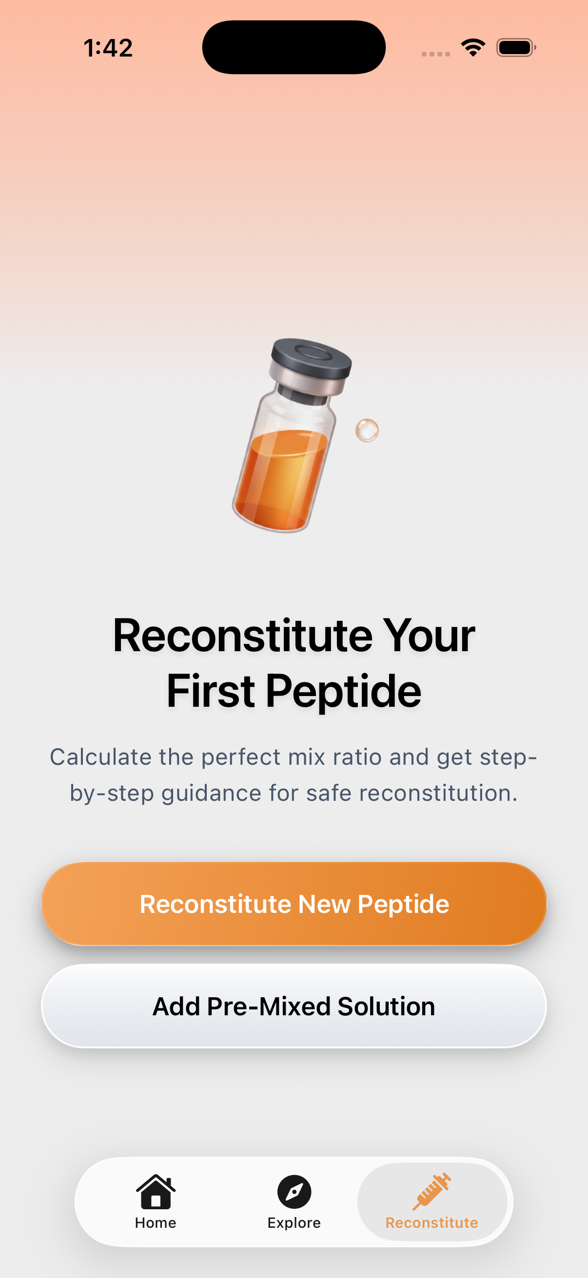 The Peptide App mobile reconstitution screen